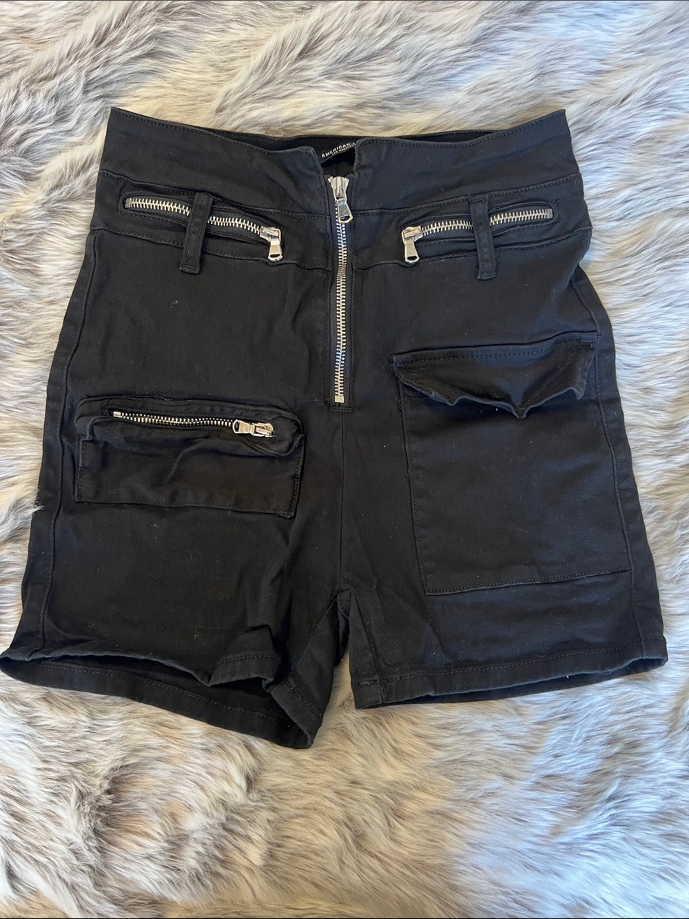 American Bazi Black High-Waist Cargo Zip Shorts